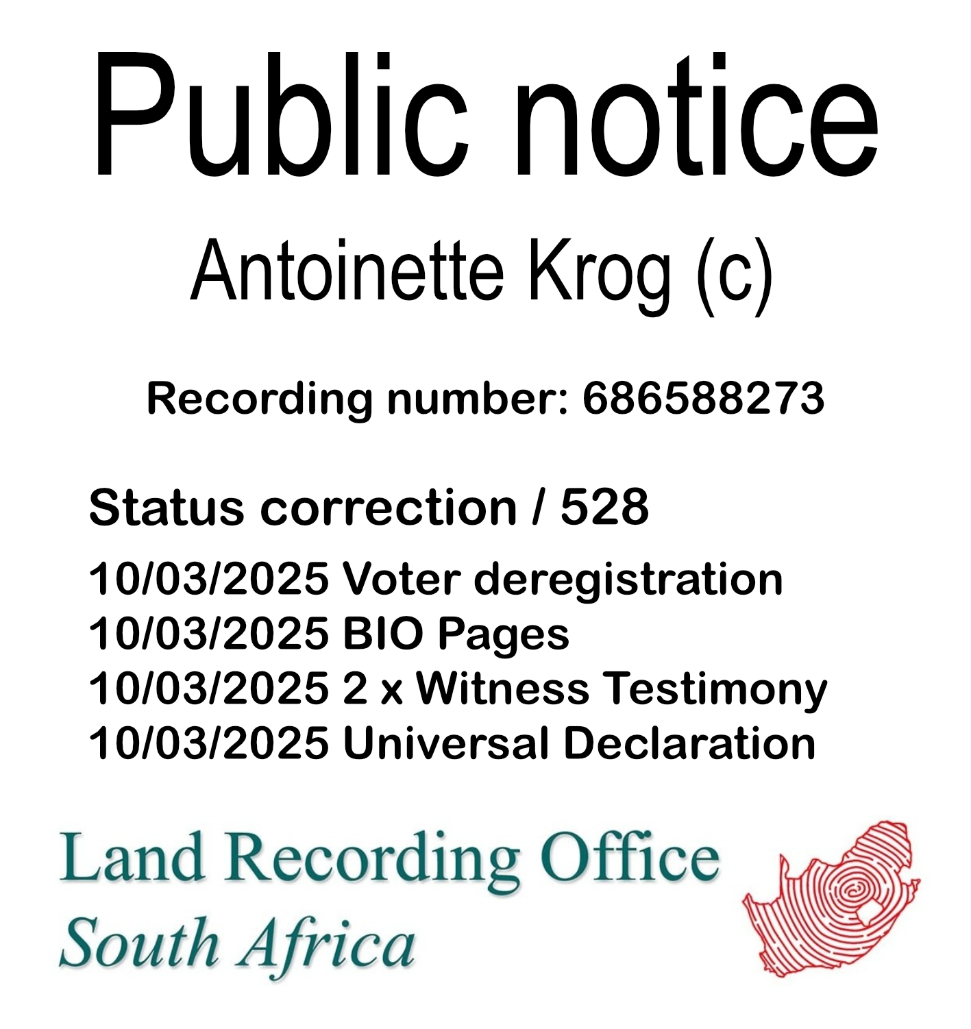 Public notice Antoinette Krog (c) Recording number 686588273